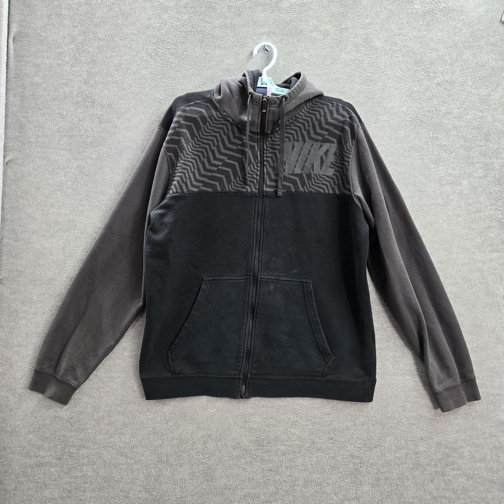Nike‎ Men Hoodie L Gray Geometric Colorblock Logo Full Zip Drawstring Pockets